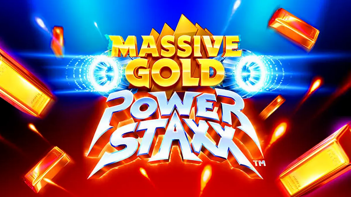Tampilan visual futuristik dari slot Massive Gold Power Staxx dengan tema jet tempur dan galaksi neon.
